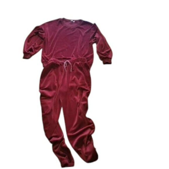 Beyove Women Burgundy Red Velour Sweatsuit 2 Piece Tracksuit Leisure Comfy Set - Picture 2 of 4